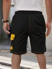 Manfinity EMRG Men's Black And Yellow Contrast Stitching Sports Casual Shorts, Multi-Function Pockets, Elastic Waistband And Insert Pockets