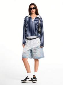 SHEIN EZwear 女士秋冬工装情侣同款 90 年代时尚基本款条纹宽松领长袖 T 恤 - 藍白色 - 查看 5