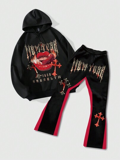 Street Life 2 pièces Ensemble homme casual Sweat-shirt à capuche avec impression lettre croix sur lèvre et pantalon de survêtement avec bloc de couleur contrastée, pour l'automne/l'hiver