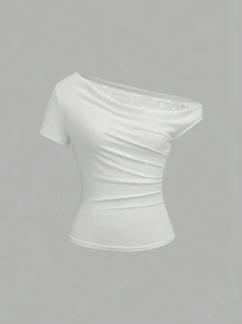 SHEIN Unity 纯色蕾丝拼布斜肩修身短袖不对称领休闲 T 恤上衣 - 白色 - 查看 1