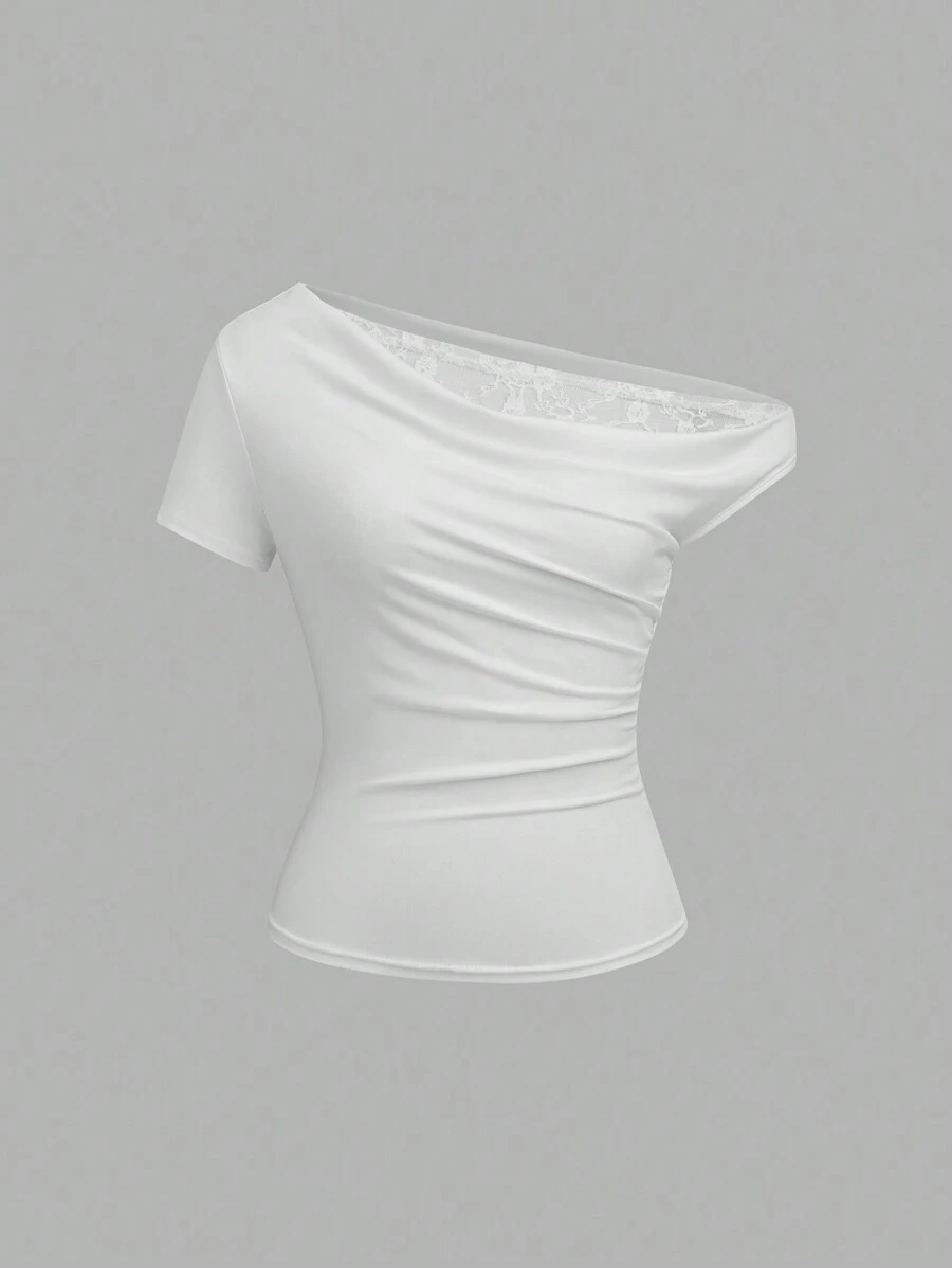 SHEIN Unity 纯色蕾丝拼布斜肩修身短袖不对称领休闲 T 恤上衣 - 白色 - 查看 1