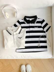 SHEIN Leap Crew Bộ 2 áo polo thể thao thường ngày cho bé trai, kiểu dáng cổ điển sọc đen trắng, thiết kế có túi phẳng và cổ bẻ, áo thun thể thao thoải mái cho trẻ em, thích hợp cho mùa tựu trường, tiệc sinh nhật, sự kiện buổi tối, biểu diễn, đám cưới, lễ rửa tội, lễ khai trương, mặc hàng ngày, đi học, du lịch, thể thao, mùa xuân và mùa hè. - Đen và trắng - Xem 3