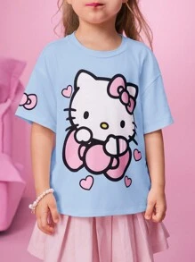 HELLO KITTY AND FRIENDS | SHEIN T-shirt court décontracté et polyvalent avec imprimé nœud papillon et chat pour jeune fille, en bleu - Bleu azur - Voir 6