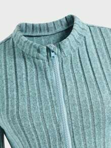 2pcs/Set Teen Girls' Casual Ribbed Knit Elastic Zip-Up Cropped Jacket And Skinny Flare Pants Outfit, Autumn - Blue - View 7