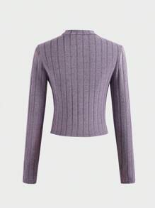 SHEIN Explorewe 2pcs Teen Girls Casual Daily Wear, Ribbed Knit Stretchy Zip-Up Cropped Jacket & Form-Fitting Flared Pants Set, Autumn Outerwear & Innerwear - Purple - View 4