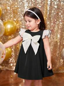 SHEIN Sukienka z kokardą dla dziewczynki, tkana, odpowiednia na świąteczne przyjęcie i spotkanie - Czarne - Zobacz 4