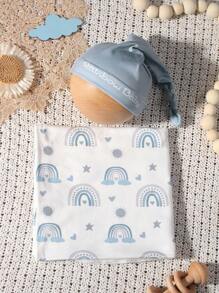 SHEIN Newborn Photography Swaddle Wrap Cute Rainbow Pattern Baby Swaddling Blanket Hat Set Studio Photo Shooting Accessory Blue And White Autumn - Multicolor - View 4