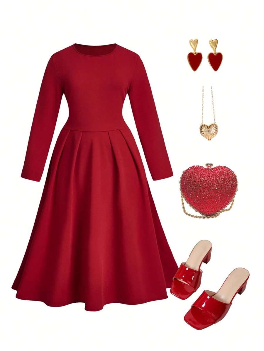 SHEIN Clasi Damen-Midi-Kleid in Große Größen aus dehnbarem rotem Stoff mit Rundhalsausschnitt und Langarm, einfach und lässig, geeignet für Herbst und Winter, Weihnachten, Ausgehen, Urlaub, Weihnachtskleidung für Frauen