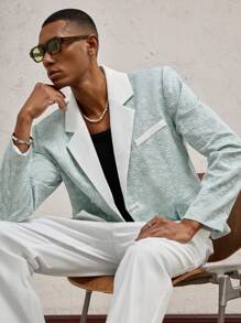 AKNOTIC Business Casual 2 件套浅绿色男士珍珠纽扣提花梭织翻领拼布修身休闲西装套装，适合休闲、度假、婚礼、毕业礼物 - 薄荷綠 - 查看 1