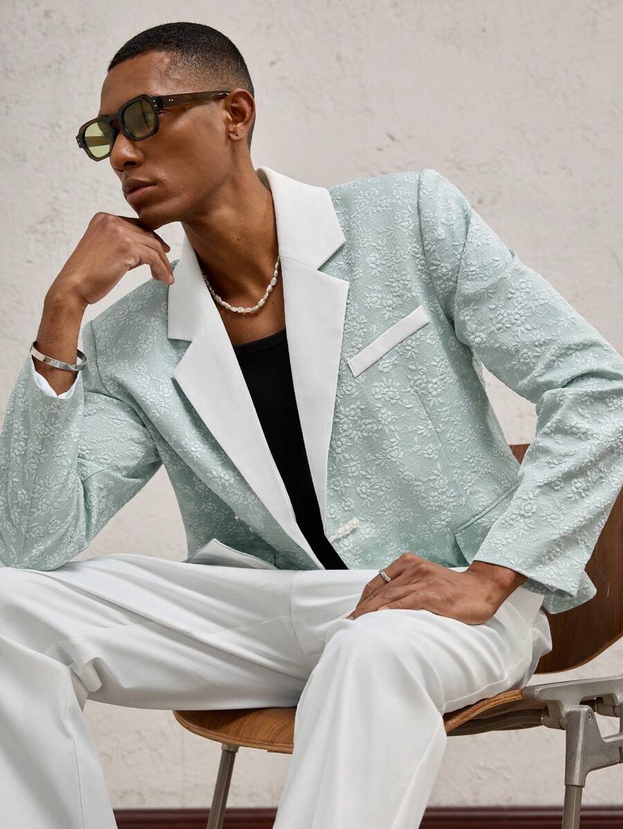 AKNOTIC Business Casual 2 件套浅绿色男士珍珠纽扣提花梭织翻领拼布修身休闲西装套装，适合休闲、度假、婚礼、毕业礼物 - 薄荷綠 - 查看 1