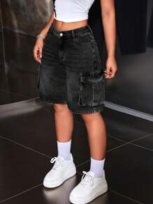 SHEIN ICON 纯色多口袋纽扣休闲宽松牛仔短裤 - 灰色 - 查看 4