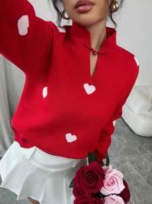 Chiquease Suéter de enamorados con corazón de contraste de color para el Día de San Valentín, nueva camisa de punto tipo jacquard con botones de nudo estilo retro chino para el Año Nuevo Chino