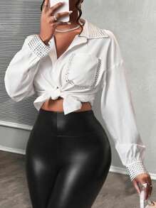 Slaydiva Áo sơ mi nữ dài tay màu trắng trơn gợi cảm mới, thắt nơ và đính đá. - trắng - Xem 1