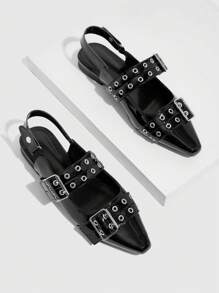 Cuccoo CUCCOO GRLICON Black Pointed Toe Casual Flats With Straps And Buckle, Motorcycle Style Comfortable Slip-On Shoes For Women Valentine's Day