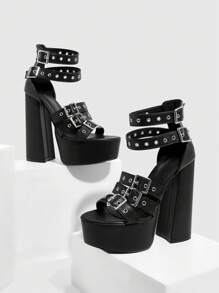 Sugerpunk Round Toe Thick High Heel Platform Women High Heel Sandals, Unisex Edgy Style, Suitable For Cool Girls, Bad Girls, Night Wear, Street Style, Sexy Date & Party, Summer For Christmas - Black - View 1