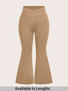 SHEIN PETITE CURVE Plus Petite Women's High-Waisted Cross Design Flared Leggings Suitable - Khaki - View 1