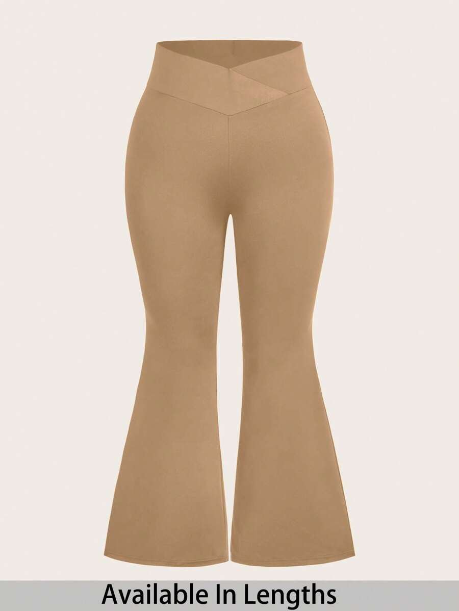 SHEIN PETITE CURVE Plus Petite Women's High-Waisted Cross Design Flared Leggings Suitable - Khaki - View 1