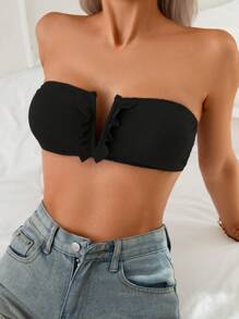 Swim Mod 夏季女式黑色针织罗纹面料性感 V 领花卉边比基尼上衣，适合海滩和度假