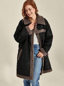 SHEIN Clasi Plus Size Women Winter Clothes Contrast Color Lapel Long Sleeve Single-Breasted Casual Padded Padded Coat - Multicolor - View 3