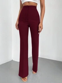 EURMUSE Fashionable Versatile Solid Color High Waist Straight Leg Pants - Burgundy - View 4
