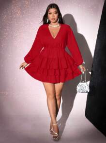 Viva Relle 大码优雅派对纯色灯笼袖荷叶边下摆迷你连衣裙 - 紅色 - 查看 5