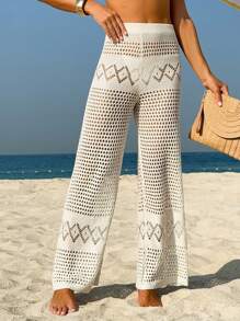 Women's Solid Color Beach Vacation Breathable Mesh Hollow Design Loose Summer Knitted Cover Up Pants - Apricot - View 3