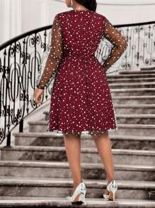 SHEIN Lady Autumn And Winter Elegant Party Wedding Valentine's Day New Year Party Valentine's Day Cocktail Party Concert/Music Festival Deep Red Overlap Collar Flared Contrast Mesh Midi Long Sleeve Plus Size Dresses Valentine's Day New Year Party Elegant Women Dresses Classy Outfits Elegant Dress Wedding New Year Eve Dress New Years Women Outfit Holiday Clothes Holiday Party Dress Red Dress Valentine's Day - Burgundy - View 2