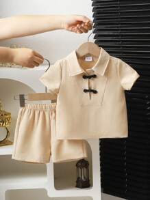 SHEIN 2pcs/Set Baby/Toddler Boys Chinese Style Han Dynasty Costume, Black Mandarin Collar Shirt & Elastic Waist Shorts Set, Casual Everyday Wear, Spring/Summer