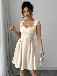 Elenzga 休閒優雅度假婚宴甜心領交叉蝴蝶結垂墜無袖奶油黃迷你洋裝女款 - 杏色 - 查看 6