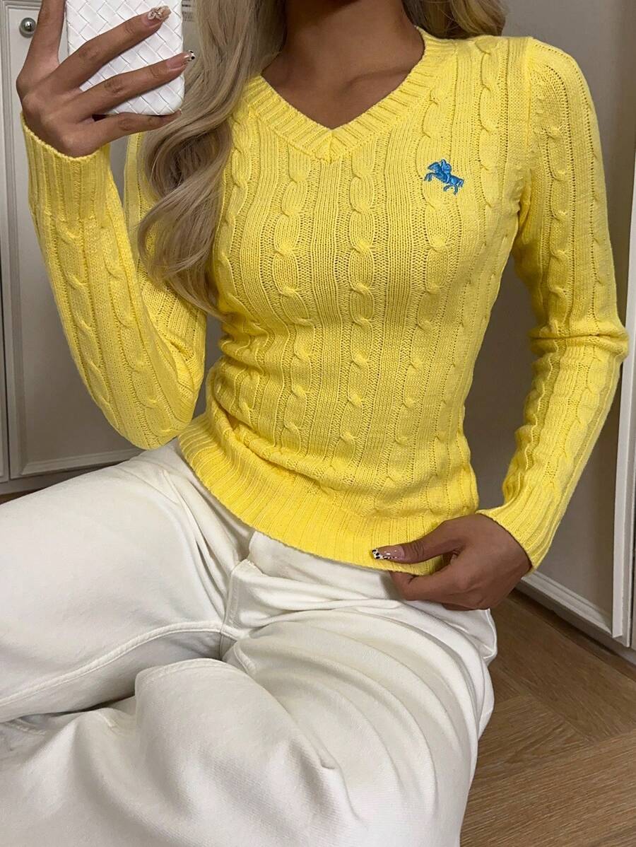 SHEIN EZwear Women's Casual Minimalist Embroidered Detail Sweater,Tops For School In Fall/Winter - Yellow - View 1