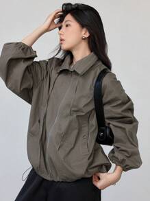 Dazy-Less Loose Fit Cargo Style Women Jacket With Large Pockets Old Money Style,Fall Clothes,Back To School Clothes Business Casual Woman Work Clothes - Grey - View 4