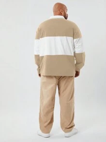 Manfinity NXTstreet Men's Plus Size Casual Knit Patchwork Loose Drop Shoulder Long Sleeve Polo Shirt