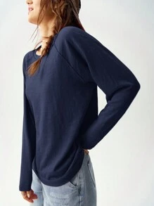 Bohemela Maglietta lunga da donna ampia, manica a raglan, collo a giro, maniche lunghe, in maglia tinta unita per vacanza - Blu - Visualizzare 3