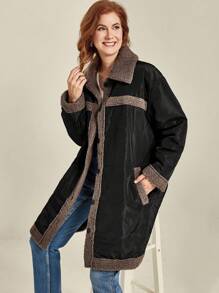 SHEIN Clasi Plus Size Women Winter Clothes Contrast Color Lapel Long Sleeve Single-Breasted Casual Padded Padded Coat - Multicolor - View 1