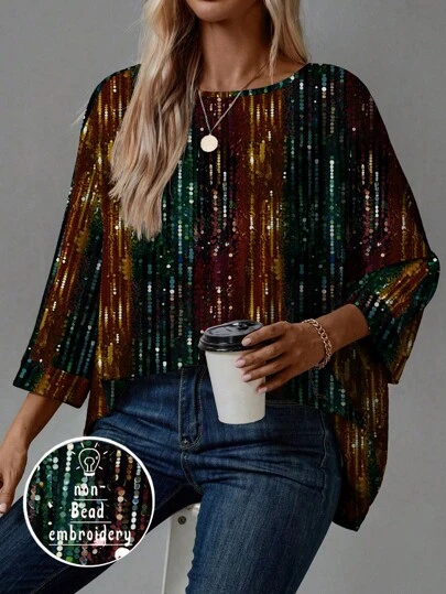 Glamance Warp Atelie Camisetas de mujer multicolor de manga hasta la muñeca, cuello redondo, casual, a rayas, de color sólido, con estampado de todo sobre, outfits de verano para mujer, camiseta gráfica para mujer para salir