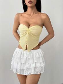 SHEIN PETITE Women's Holiday Goose Yellow Knitted Texture Tube Top With Mid-Front Knotted Slit And Wave Edge Slim Fit Top Afternoon Tea Street Vacation Autumn And Winter Wear Inside And Outside Party