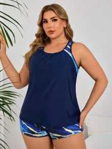 Plus Size Women Marble Print Square Neck Loose Summer Beach Vacation Tankini Swimwear Set