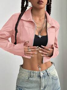 StreetHx Cropped Wine Red Leather Zip-Up Jacket.Festival Patry.Spring Outfits For Women.Spring Outfits For Women - Dusty Pink - View 5