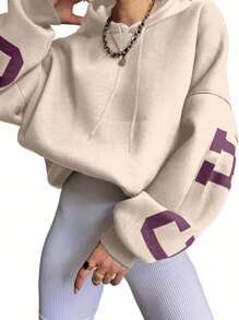 INAWLY 女士休闲字母印花宽松连帽卫衣，适合秋季日常穿着，毕业季、返校季、教师节等场合，返校季套头衫秋季卫衣 - 杏色 - 查看 2