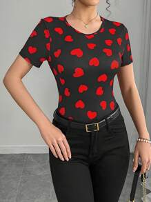 Chiquease Women's Round Neck Short Sleeve Heart Print Tie Back Shirt, Minimalist Style