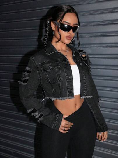 Distressed Washed Solid Color Fringed Trim Long Sleeve Denim Jacket