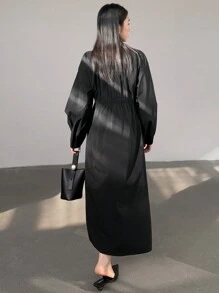 Dazy-Less Loose Casual Drawstring Tie Waist Mid-Length Dress For Women,Ruffle,Fall Dress Business Casual Woman Work Clothes Long Sleeve Dress