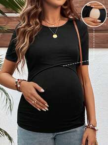 SHEIN Plain Color Crew Neck Short Sleeve Slim-Fit Casual Maternity Wear Nursing Tee - Black - View 1