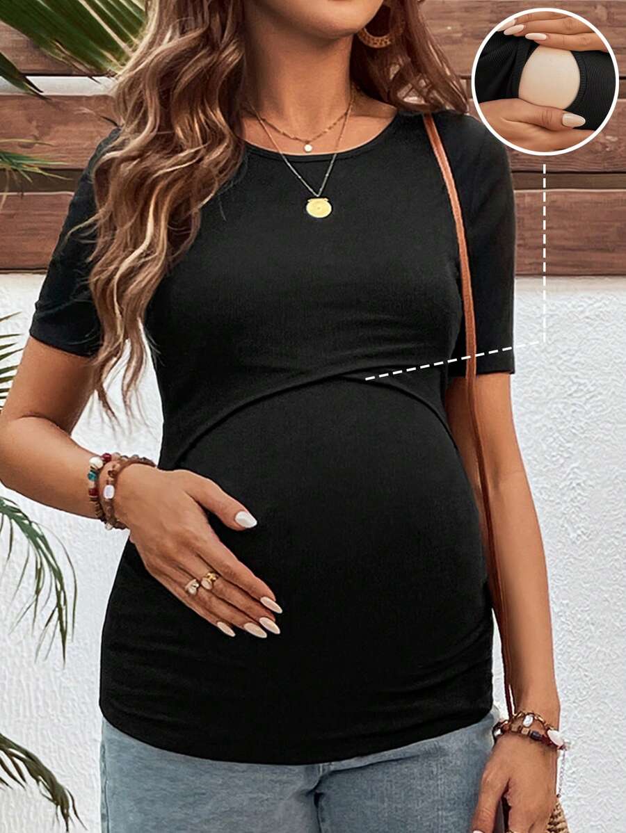 SHEIN Plain Color Crew Neck Short Sleeve Slim-Fit Casual Maternity Wear Nursing Tee - Black - View 1