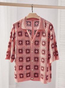 Manfinity VCAY 大码男式宽松图案印花翻领 3/4 袖开衫