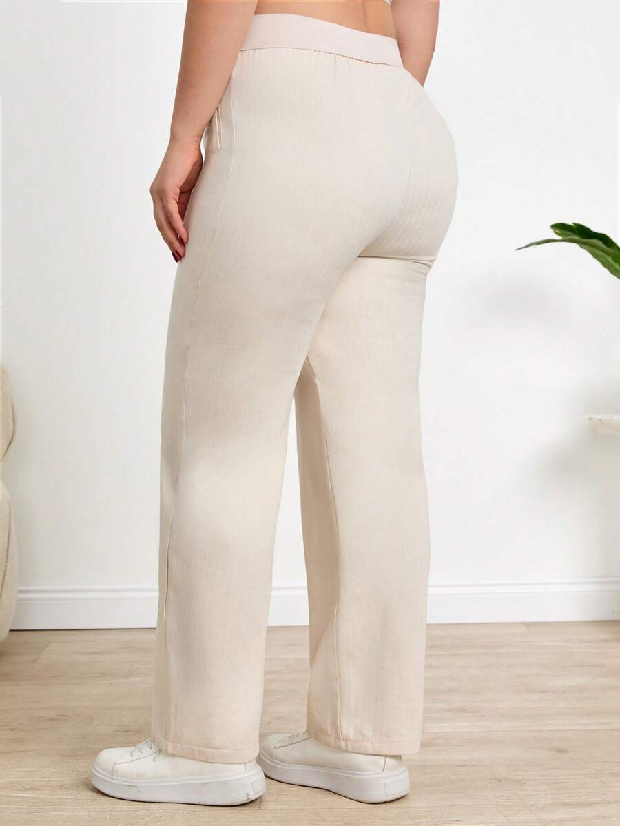 SHEIN Cottnline Women's Plus Linen Cotton Pleated Pants - Beige - View 1