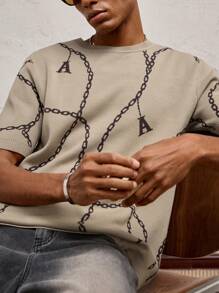 AKNOTIC Party Men's Casual Khaki Chain Letter Jacquard Knitted Oversized Crew Neck Sweater, Suitable For Daily Wear And Vacation, Spring/Summer - Khaki - View 4