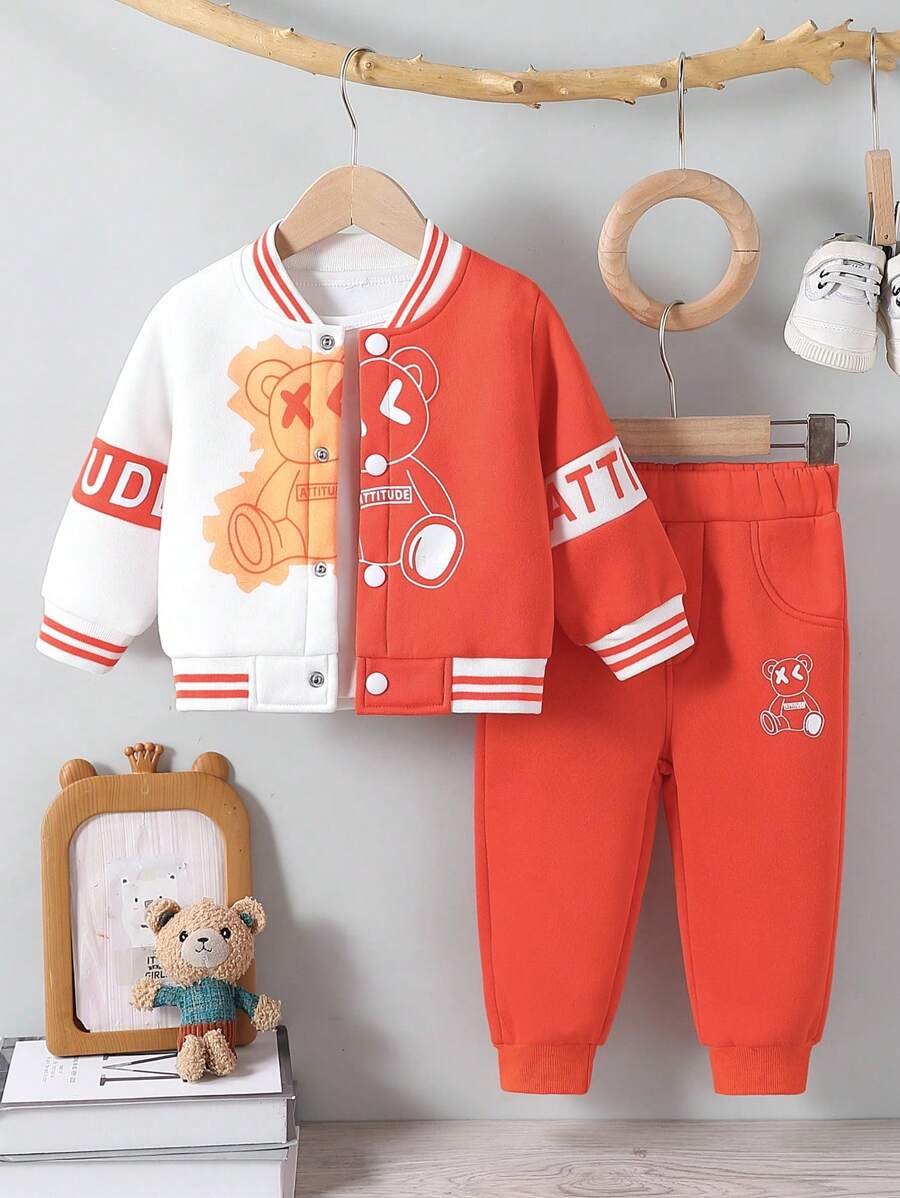 SHEIN 2pcs/Set Baby/Toddler Autumn/Winter Sporty Stylish Baseball Jacket And Casual Long Pants Outfit, Suitable For Outdoor Activities - Orange - View 1