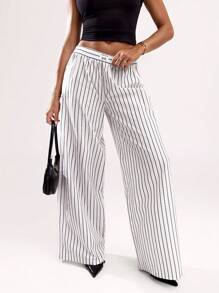 SHEIN BAE De damă, culoare uni, talie elastică, simplu, detaliu în dungi, pantaloni largi, cu talie joasă, potriviți pentru îmbrăcăminte zilnică ocazională, ieșiri - Multicolor - Vizualizare 1