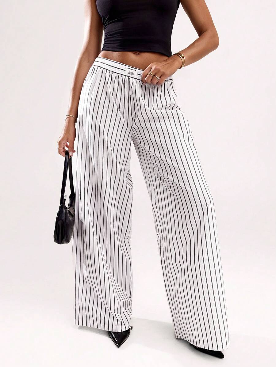 SHEIN BAE Women's Solid Color Elastic Waist Simple Striped Detail Decoration Low Waisted Wide Leg Pants, Suitable For Daily Casual Wear, Going Out - Multicolor - View 1